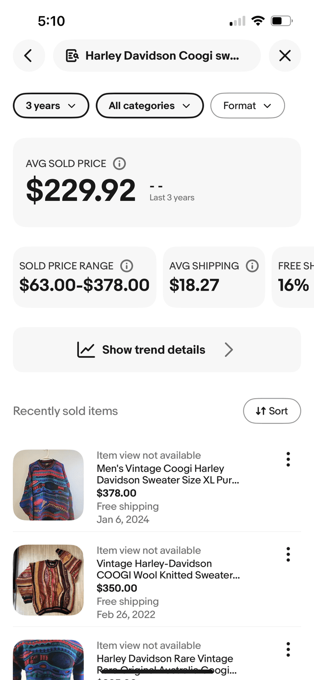 eBay Product Research Mobile App View