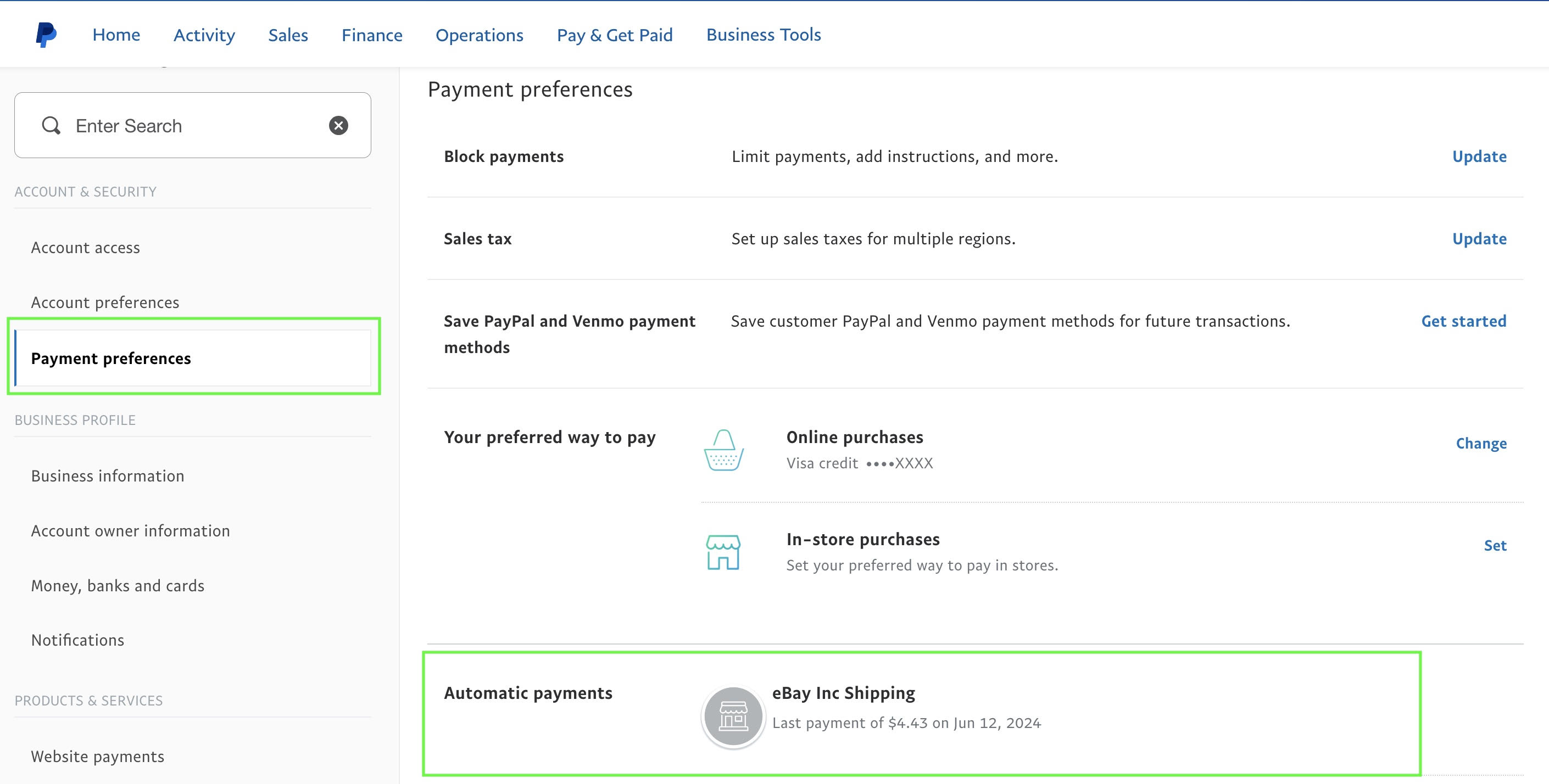 Paypal Account Settings Automatic Payments Option for eBay Inc Shipping